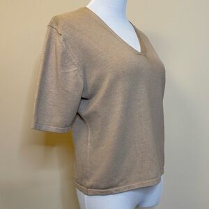 Massini Beige Knit Top Medium Short Sleeve V Neck Minimal Classic